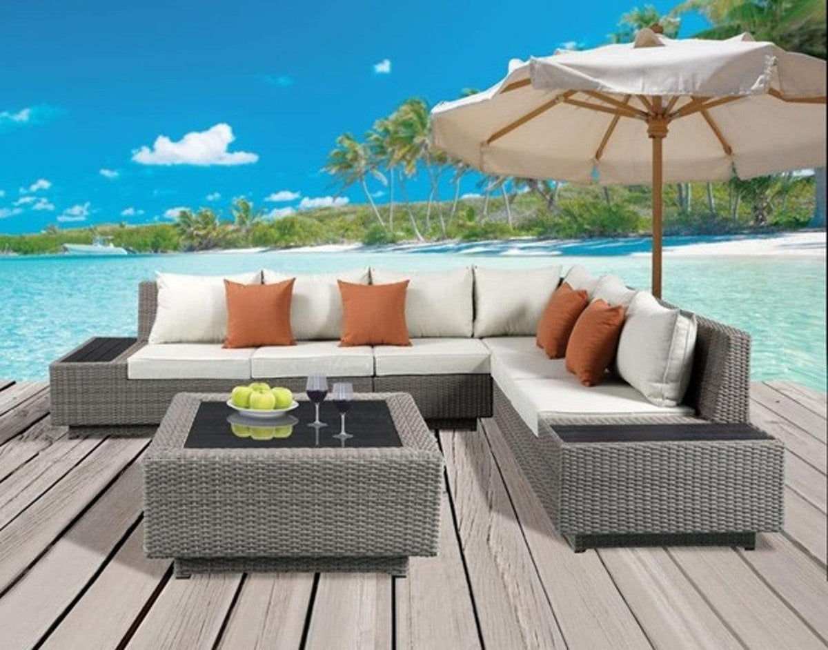 Acme Salena Patio Sectional & Cocktail Table, Beige Fabric & Gray Wicker