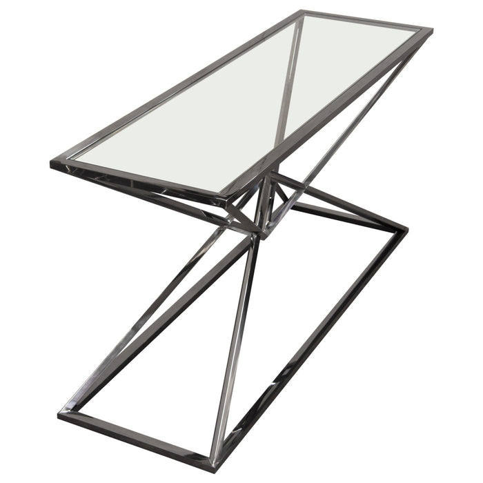 Aria Rectangle Stainless Steel Console Table w/ Polished Black Finish Base & Clear, Tempered Glass Top by Diamond Sofa