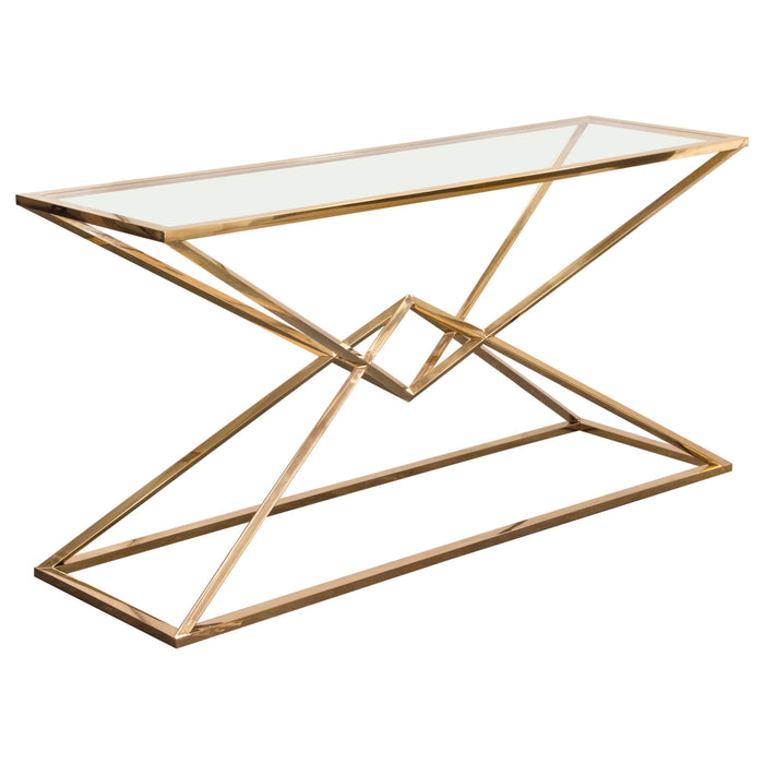 Aria Rectangle Stainless Steel Console Table w/ Polished Gold Finish Base & Clear, Tempered Glass Top by Diamond Sofa