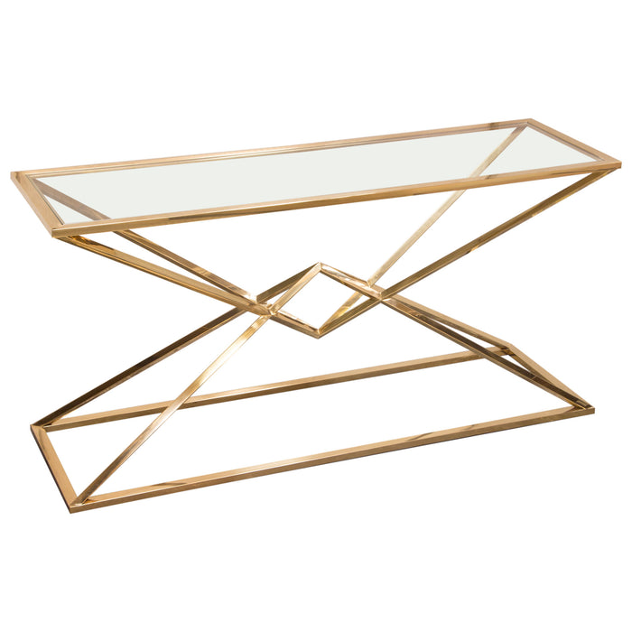 Aria Rectangle Stainless Steel Console Table w/ Polished Gold Finish Base & Clear, Tempered Glass Top by Diamond Sofa