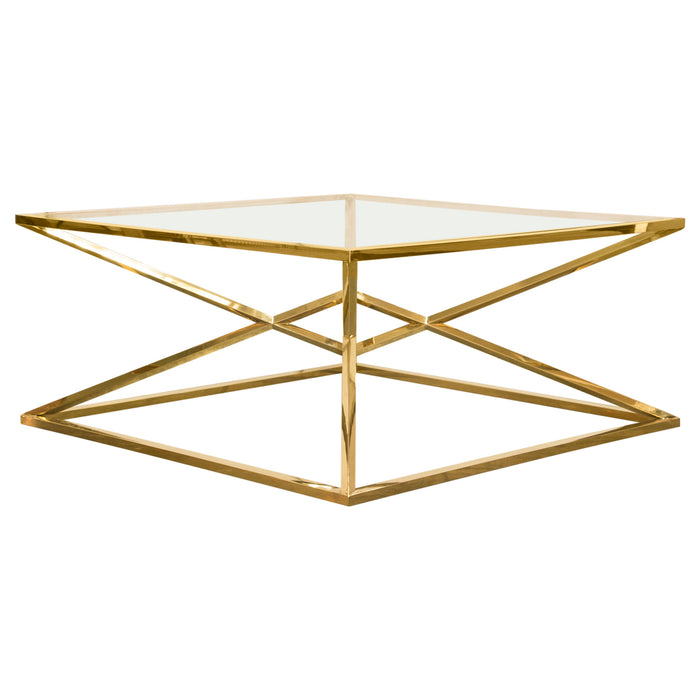 Aria Square Stainless Steel Cocktail Table w/ Polished Gold Finish Base & Clear, Tempered Glass Top by Diamond Sofa