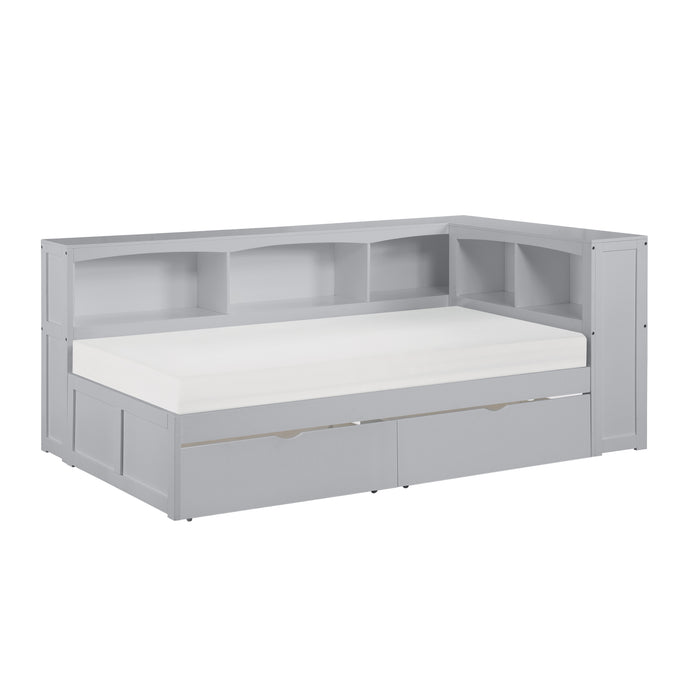 Orion-(4) Twin Bookcase Corner Platform Bed with Storage Boxes image