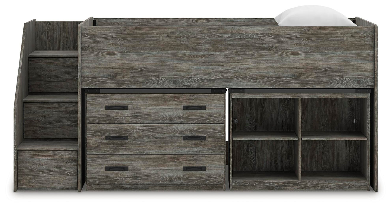 Frandern Loft Bed with Bookcase and Drawer Storage - LasVegasFurnitureOnline.com