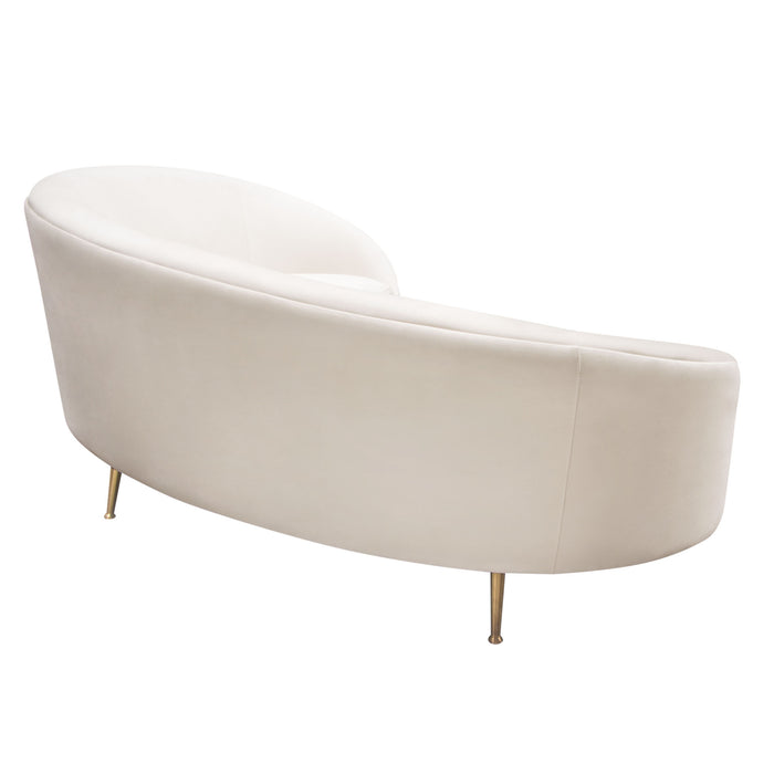 Celine Curved Sofa with Contoured Back in Light Cream Velvet and Gold Metal Legs by Diamond Sofa