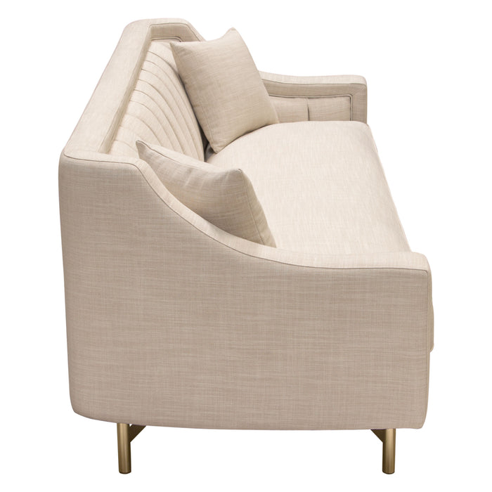 Croft Fabric Sofa in Sand Linen Fabric w/ Accent Pillows and Gold Metal Criss-Cross Frame by Diamond Sofa
