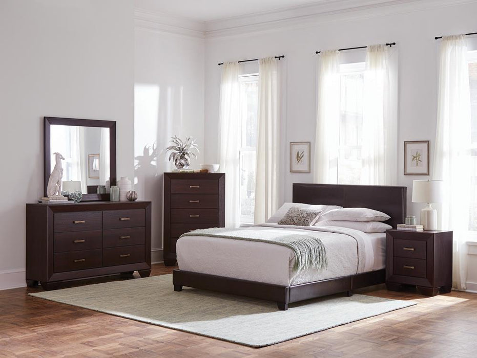 Dorian Upholstered California King, E.King, & Queen Bed Black, Brown, & Grey