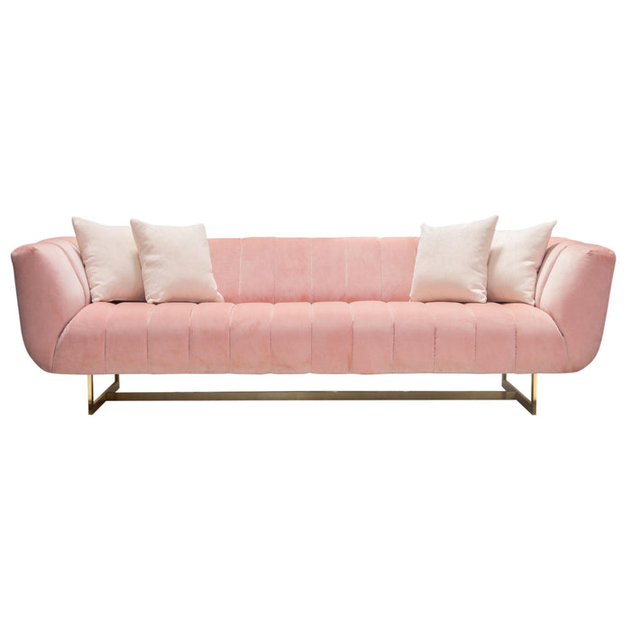 Venus Sofa in Blush Pink Velvet w/ Contrasting Pillows & Gold Finished Metal Base by Diamond Sofa