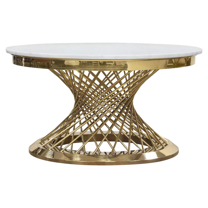 Solstice 35" Round Cocktail Table with Genuine Marble Top and Polished Gold Spiral Spoked Base by Diamond Sofa