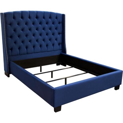 Majestic Queen Tufted Bed in Royal Navy Velvet with Nail Head Wing Accents - LasVegasFurnitureOnline.com