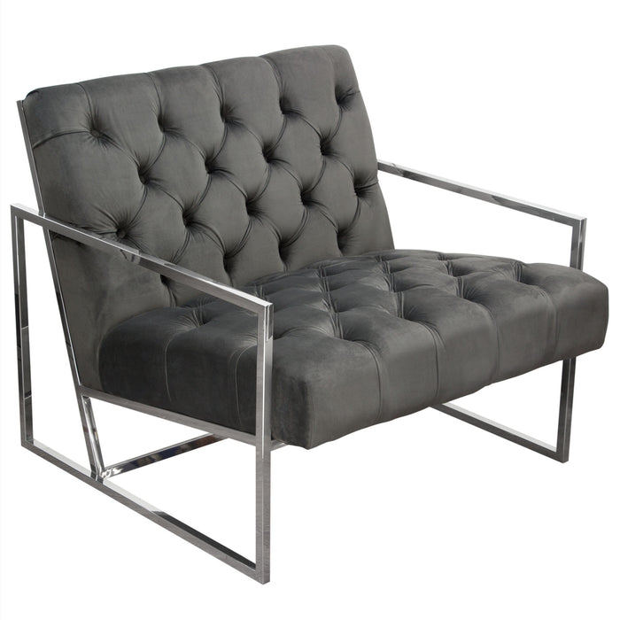 Luxe Accent Chair in Dusk Grey Tufted Velvet Fabric with Polished Stainless Steel Frame by Diamond Sofa