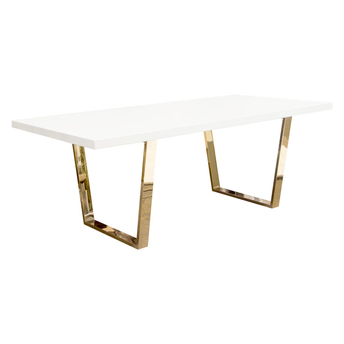 Mirage Rectangular Dining Table w/ White Lacquer Top and Polished Gold Metal Base by Diamond Sofa