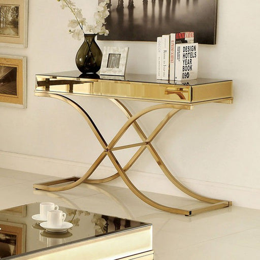 Sundance Modern Brass Sofa Table with 5mm Smoked Mirror Top & X-Shaped Base - LasVegasFurnitureOnline.com