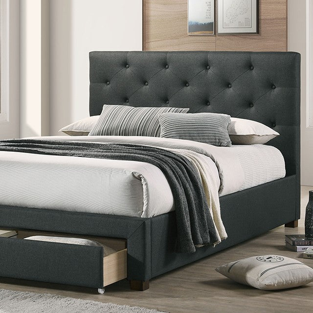 Sybella Gray Upholstered Platform Bed with Storage – Diamond Tufted Linen-Like Fabric - LasVegasFurnitureOnline.com