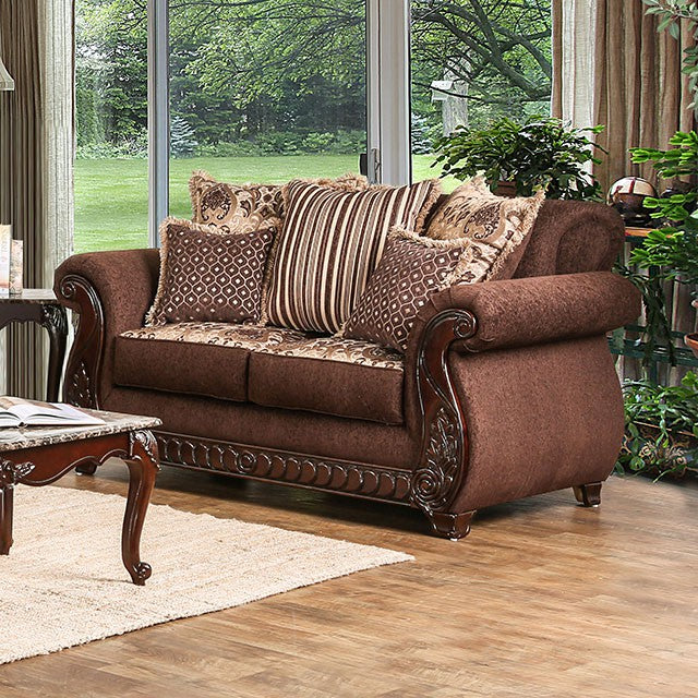 Tabitha Traditional Brown Loveseat – Rolled Arms with Intricate Wood Trim - LasVegasFurnitureOnline.com