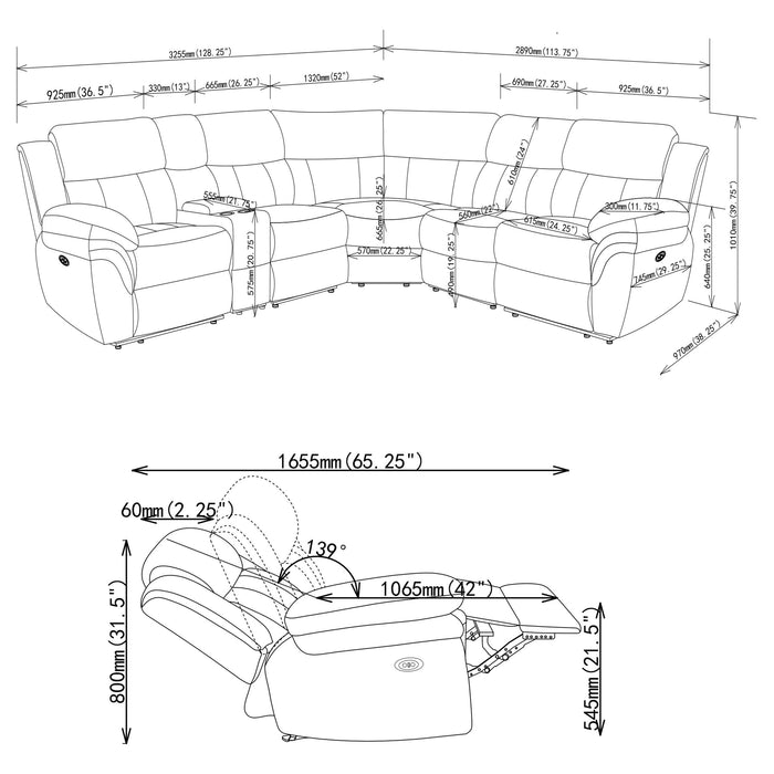 Bahrain Modular Power Reclining Sectional Sofa (Armless Chair, Armless Return Piece, Console, Left Return Piece, Right Return Piece and Wedge)