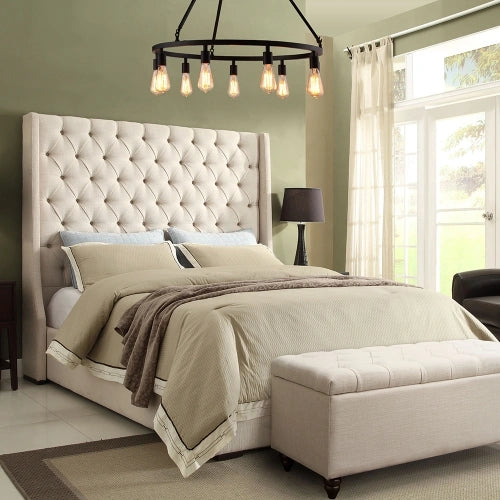 Park Avenue Queen Tufted Bed with Vintage Wing in Desert Sand Linen