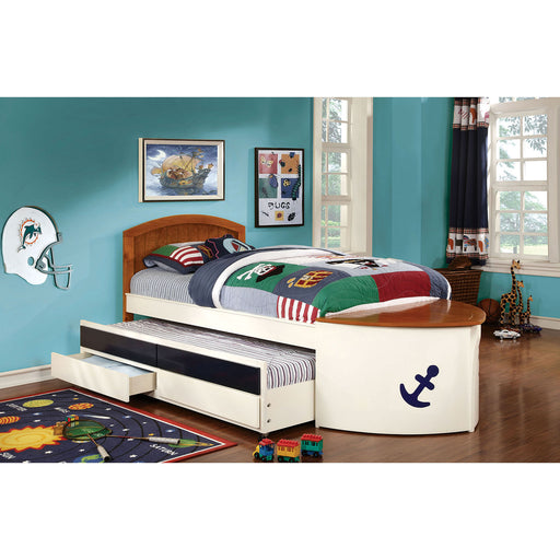 Voyager White/Oak/Navy Blue Twin Bed w/ Trundle + Drawers image